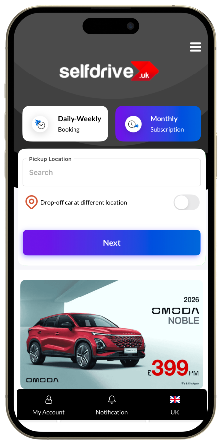 A cell phone showing a Selfdrive UK car rental application with offers and booking options