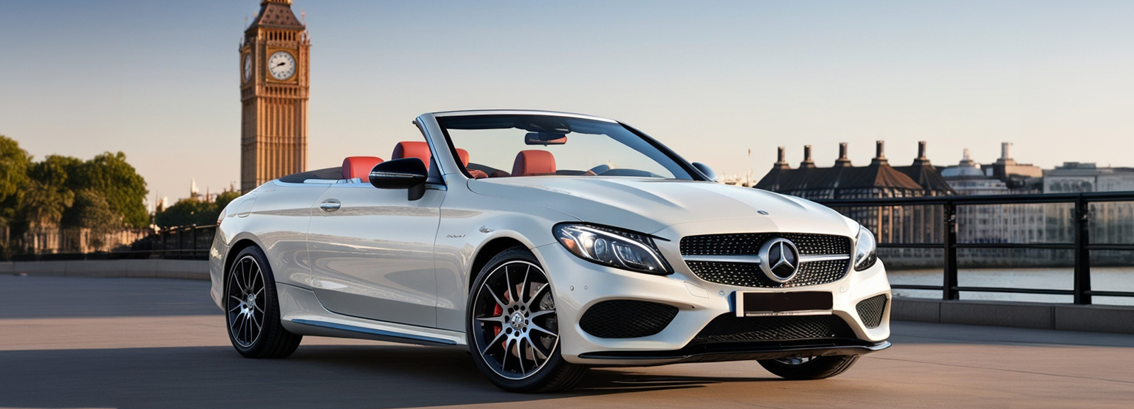 A White Mercedes-Benz CLS Cabriolet luxury car in front of London's Big Ben